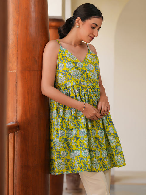 Lime Pure Cotton Floral Printed A-Line Tunic